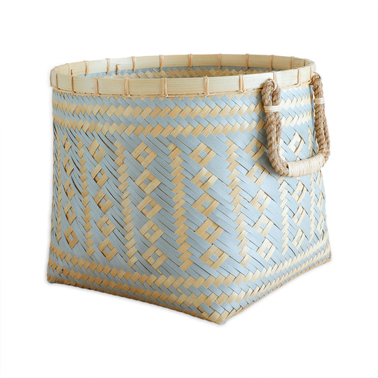 round woven laundry basket, natural and grey storage basket, diamond pattern woven basket, rope handle storage bin, handwoven laundry hamper, eco-friendly woven basket,
decorative wicker laundry basket, artisanal storage bin, plastic and bamboo laundry basket, large woven utility basket, handcrafted grey and beige woven storage basket,
round woven laundry hamper with rope handles .
stylish diamond pattern laundry basket