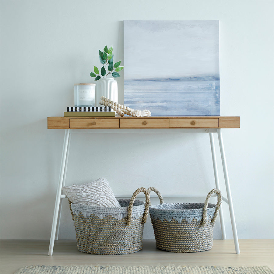 Woven storage baskets with handles
Natural and grey jute baskets, Decorative rope baskets with fringe,
Handwoven coastal-style baskets,
Seagrass storage bins with blue accents, Round wicker baskets for home organization, Eco-friendly woven baskets, Boho decorative baskets with fabric trim,
Handcrafted jute baskets for living room storage, Soft-touch woven bins for throw pillows or blankets, Blue and beige decorative baskets for entryway, Multipurpose baskets for modern coastal decor.