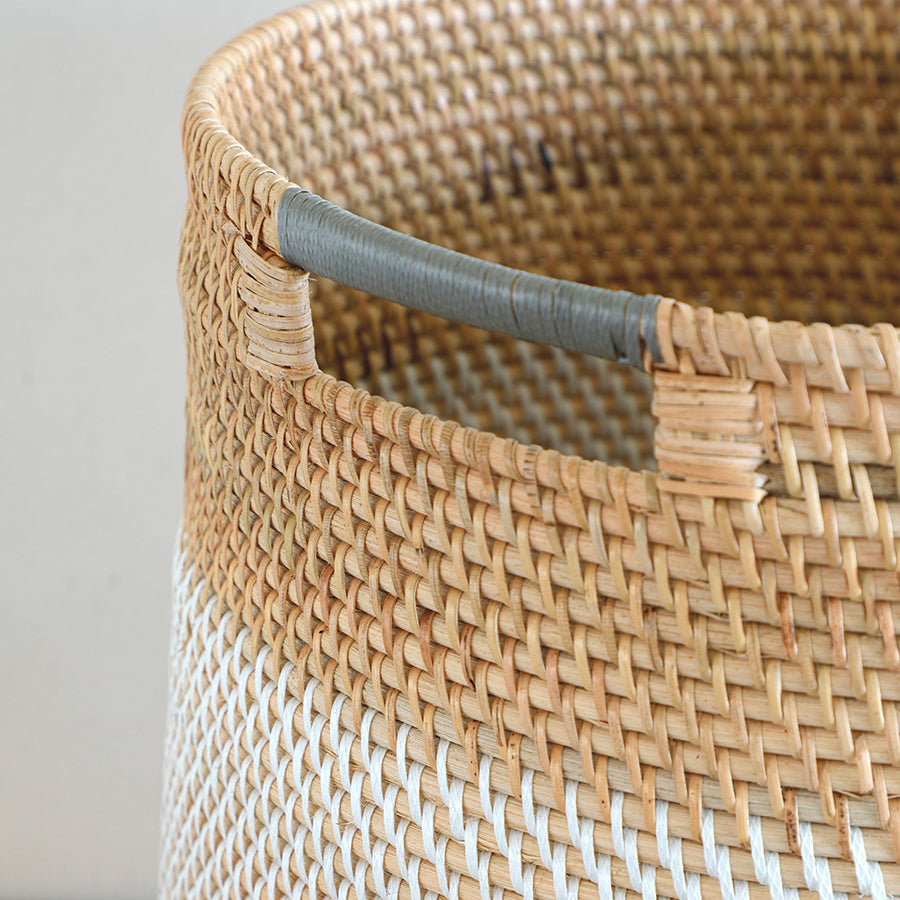 Woven basket with handles, Handwoven rattan basket,
Rattan basket with grip handle, Multi-purpose storage basket, Woven laundry hamper, Decorative storage bin with handles, Textured seagrass basket, Rattan and rope weave, Boho chic home décor, Coastal décor basket .