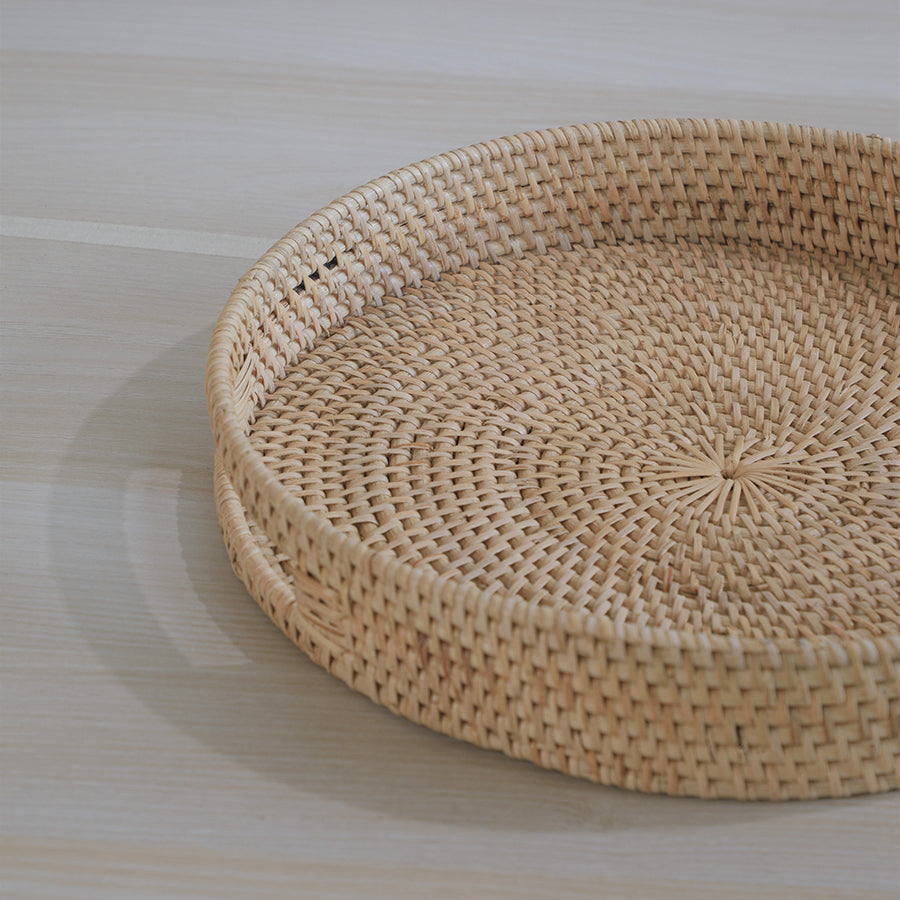 natural rattan round tray, woven serving tray, wicker tray with handles, handmade rattan tray, eco friendly woven tray, Boho decorative tray, rustic breakfast tray, artisan woven tray, natural fiber serving tray, coastal style rattan tray, farmhouse kitchen tray, sustainable woven tray, round basket weave tray, tropical home décor tray, handcrafted wicker tray,
neutral décor serving tray.