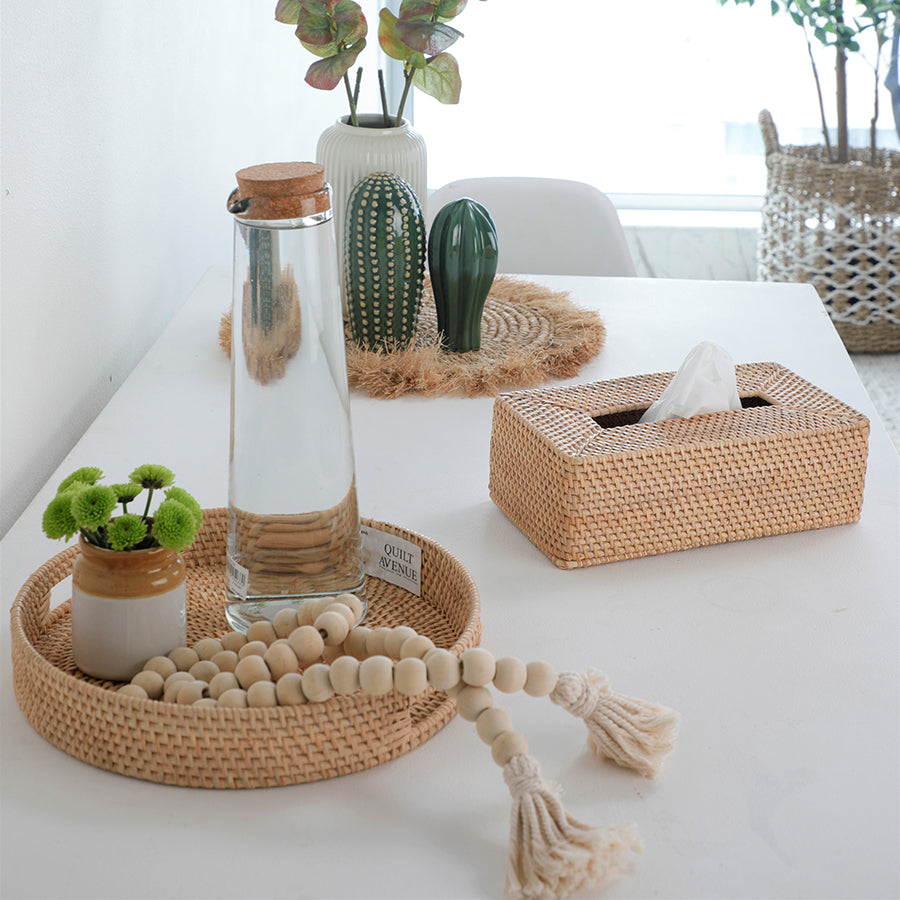 woven rattan serving tray, natural rattan tissue box cover, Boho home décor accessories, wicker tissue holder, eco friendly woven tray, handmade wicker organizer, rustic rattan table décor, decorative woven tray, farmhouse kitchen accessories, coastal style tissue box, natural fiber woven décor, artisan table styling pieces, handcrafted rattan accessories, bohemian dining table accents, neutral woven home décor.