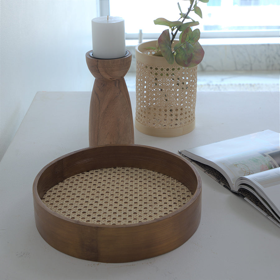 Round rattan tray, Mahogany cane tray, Woven bamboo tray, Handcrafted rattan décor tray, Rustic Boho display tray, Decorative round wicker tray, Wooden candle stand,
Rustic pillar candle holder, Hand-carved wood candlestick,
Farmhouse wood candle décor, Natural wood taper holder, Wooden candle pedestal.