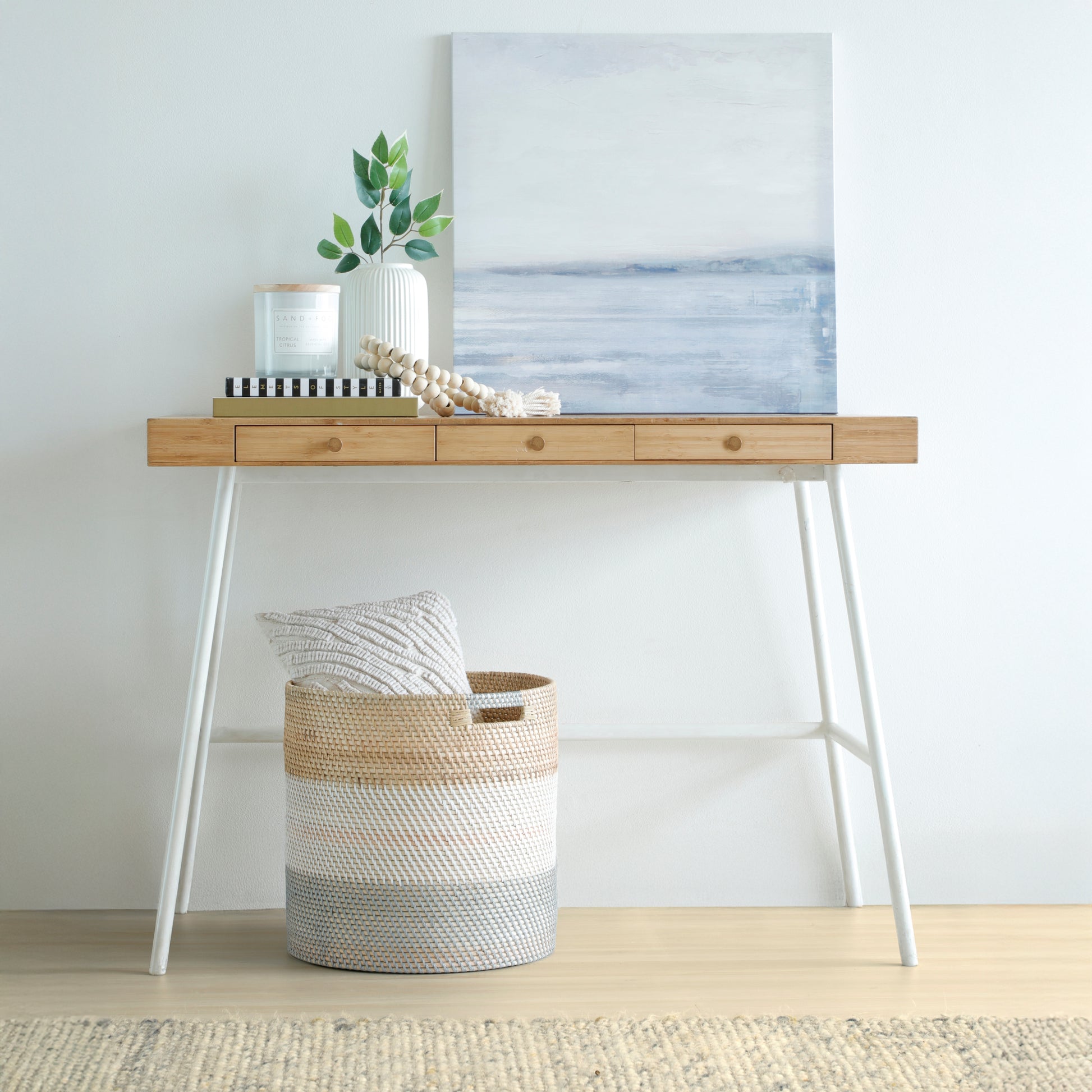 Woven laundry basket, Rattan-style storage basket, Decorative laundry hamper, Round woven basket with handles, Boho storage bin, Neutral home décor basket, Multi-purpose woven bin, Modern rattan-look basket, Plastic wicker laundry basket, Stylish home organizer.