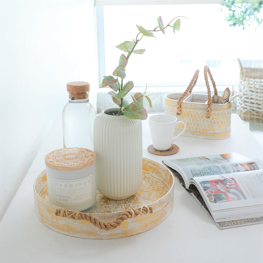 White and gold bamboo tray, Rope handle serving tray, Rustic round woven tray, Handmade decorative tray, Boho bamboo table tray,
Handwoven round tray with rope handles, Whitewashed bamboo tray for décor, Eco-friendly rustic serving tray, Bohemian farmhouse style tray, Artisan-crafted kitchen tray.