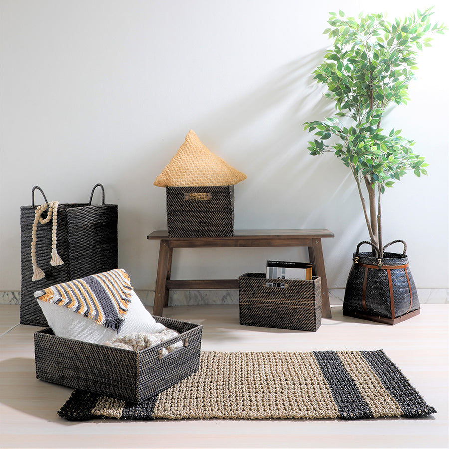 Natural jute rug, Handwoven striped runner rug, Eco-friendly floor mat, Tall woven storage basket, Seagrass black hamper basket, Eco-friendly tall bin with handles, Rectangular woven basket, Black utility bin with rope handles, Wicker shelf storage basket Decorative woven bin with lid,
Wicker box with natural top, Handwoven decorative plant basket,
Eco-friendly floor planter basket