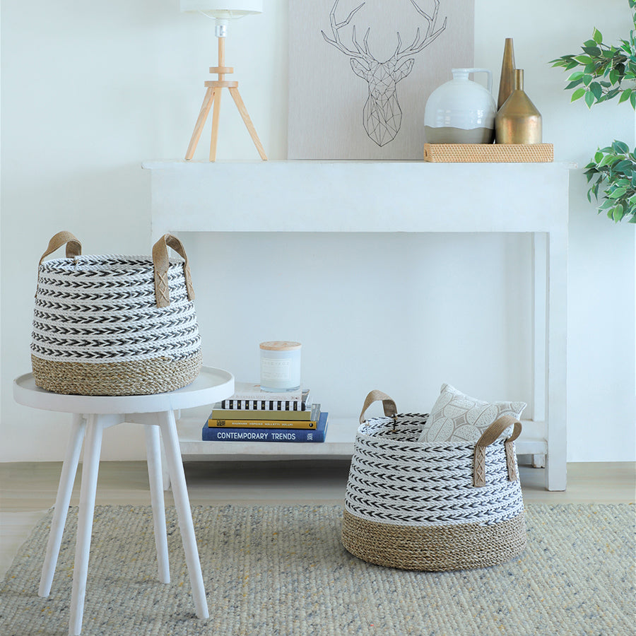Woven storage baskets, Decorative rope baskets, Fabric handle baskets,
White and natural storage baskets, White woven basket with handles for storage, Decorative baskets for living room organization, Home organization accessories, Living room décor ideas, Basket storage for books and toys.