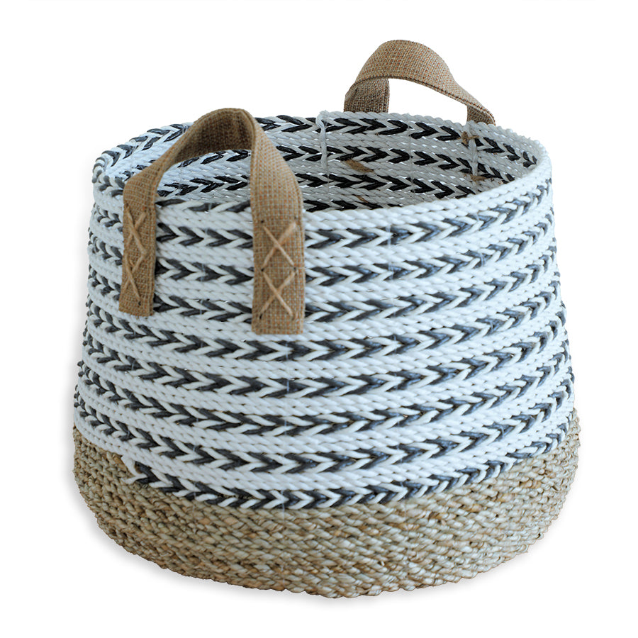 Woven storage basket, Rope storage bin, Decorative woven basket, Round rope basket, Handwoven rope storage basket with fabric handles,
Modern farmhouse decorative basket, Natural jute and cotton rope basket, Black and white striped basket .