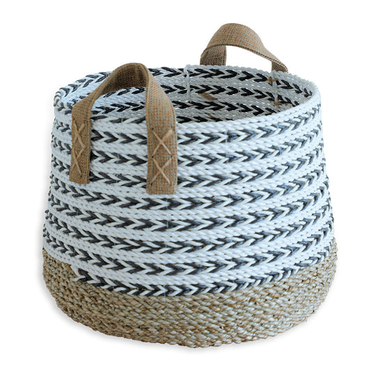 Woven storage basket, Rope storage bin, Decorative woven basket, Round rope basket, Handwoven rope storage basket with fabric handles,
Modern farmhouse decorative basket, Natural jute and cotton rope basket, Black and white striped basket .