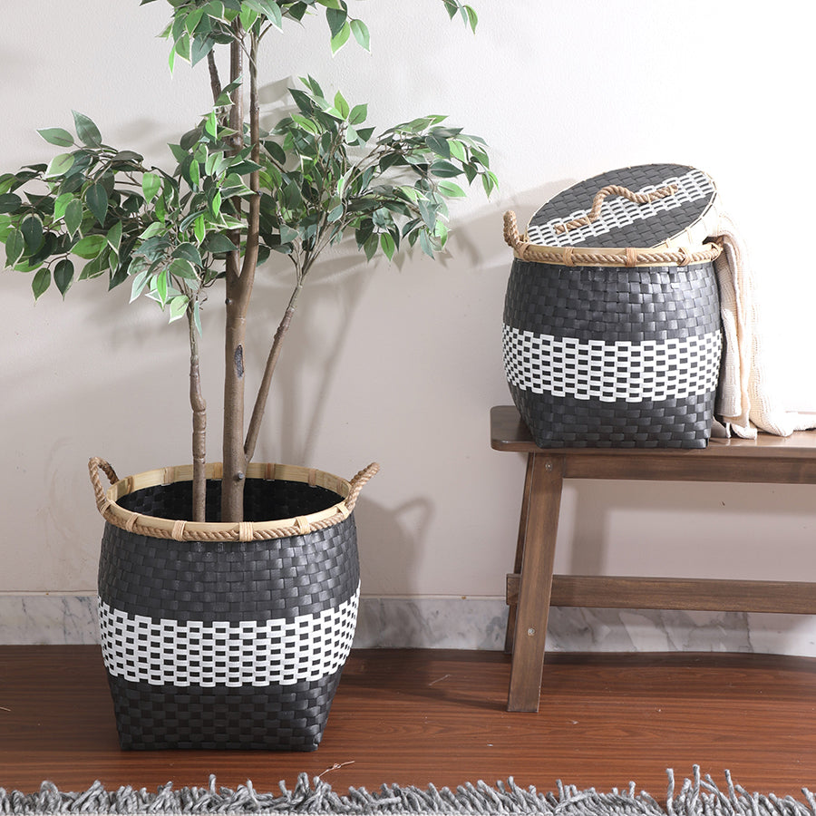Woven storage baskets, Decorative baskets with handles, Black and white storage bins, Handwoven baskets for home décor, Plastic rattan baskets, Modern woven baskets for living room, Multipurpose storage baskets with rope handles, Stylish indoor plant holder basket, Eco-friendly woven decorative bin, Square rattan-style basket with lid, Decorative hamper baskets for bedroom or bathroom, Handcrafted baskets for organization and décor, Home décor basket for indoor plants
Entryway storage basket solution.