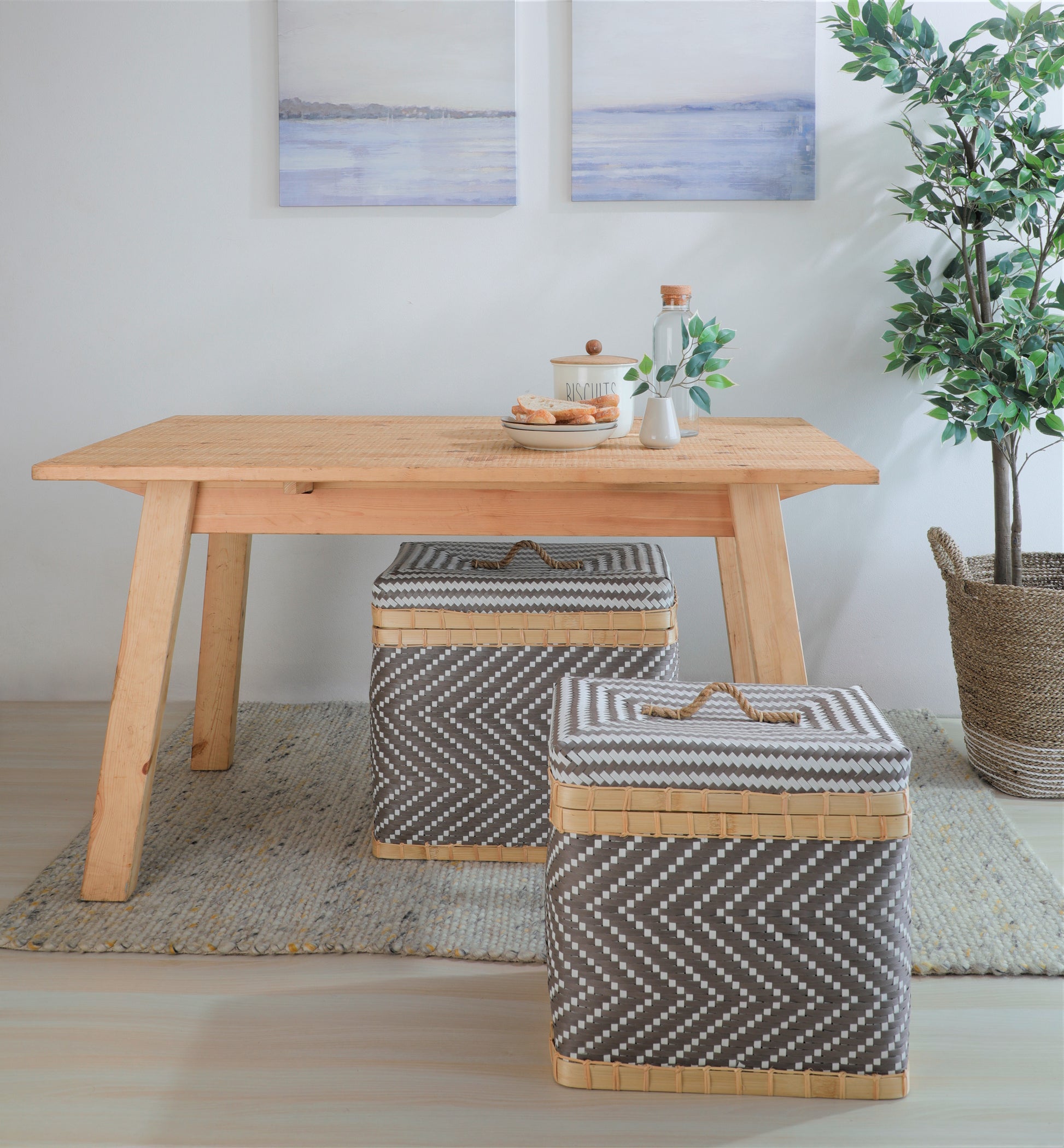 Woven storage trunk set, Decorative wicker storage boxes, Handwoven lidded baskets, Rectangular chevron hampers, Bamboo storage baskets with lids, Eco-friendly woven trunks for home, Multi-functional storage basket set, Stylish storage solutions for living room, Handmade bamboo hampers, Natural fiber baskets for organizing .