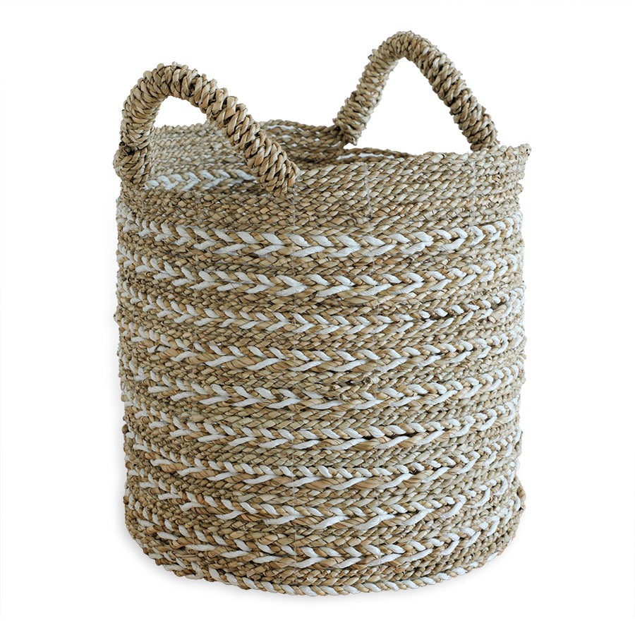 Twisted weave seagrass basket, Two-tone woven storage basket, Natural and white jute basket, Hand-braided basket with handles, Decorative rope-style storage bin, 
Handwoven twisted weave seagrass basket with handles, White and natural woven basket for home décor, 
Rustic coastal-style storage bin, 
Artisan rope-wrapped storage basket, Eco-friendly braided basket for living room.