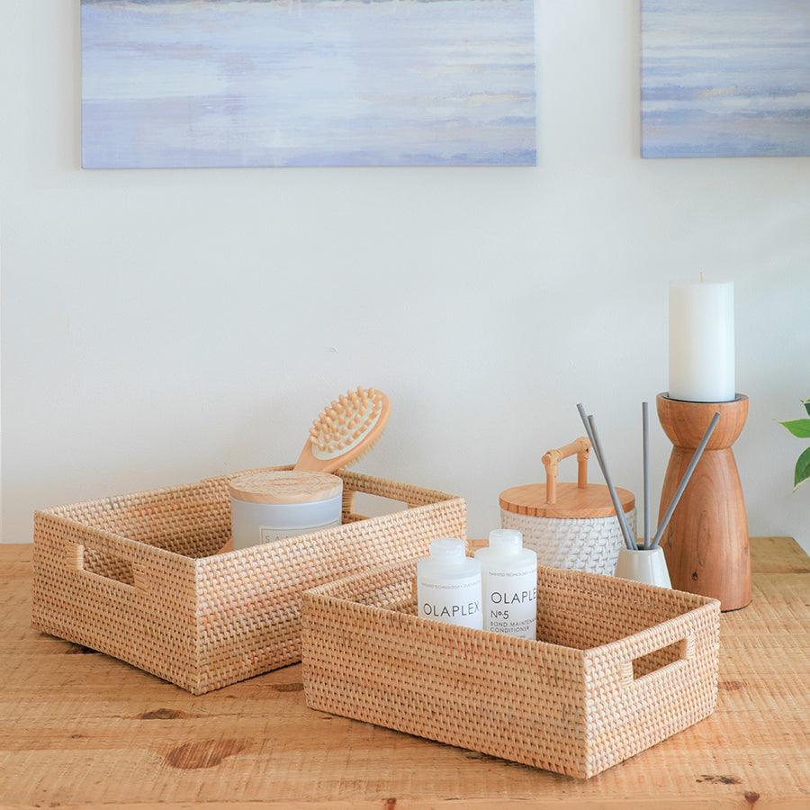 Woven storage baskets, Handwoven organizer baskets, Natural look storage bins, Decorative woven bins, Eco-style home organization, Stylish storage containers, Rectangular storage baskets, Vanity organizer baskets, Bathroom countertop storage, Skincare and haircare basket, Spa-inspired storage baskets, Wooden vanity accessories,
Minimalist bathroom organization,
Tabletop storage solutions .