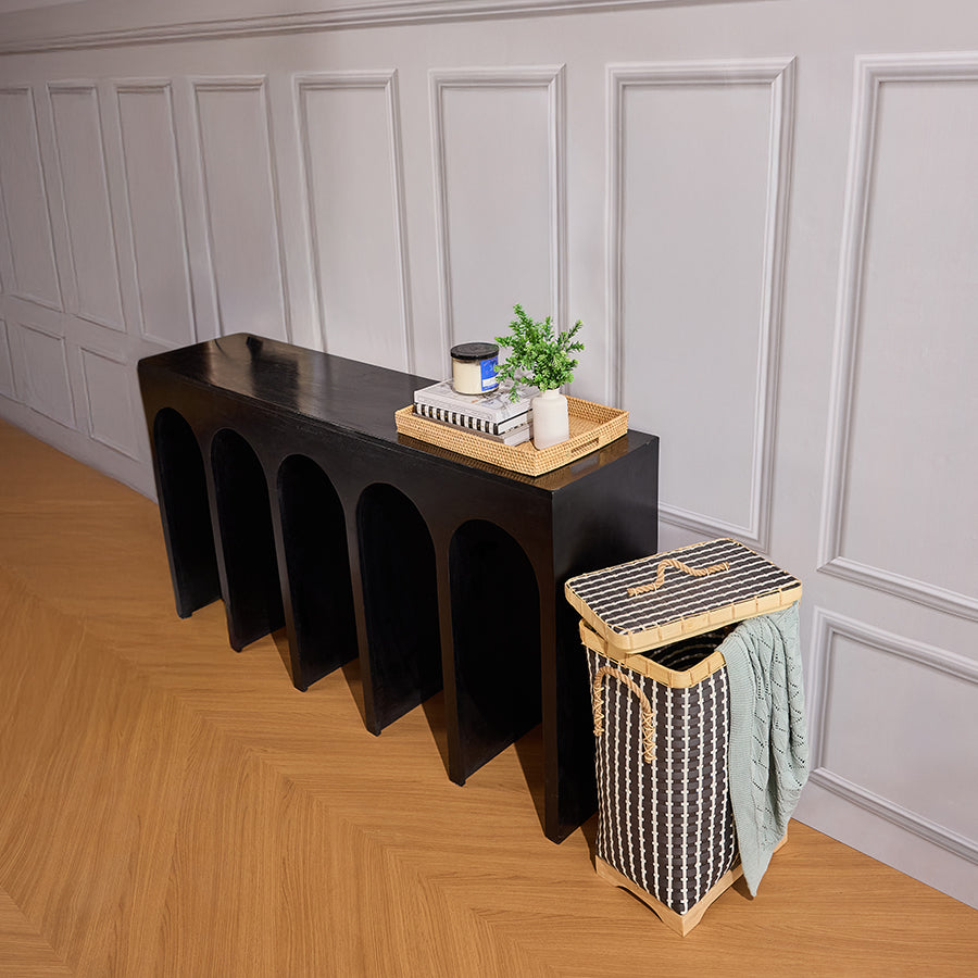Modern black console table, Arched leg entryway table, Sleek hallway console furniture, Minimalist black wood console, Contemporary narrow side table, Decorative entry table, Elegant foyer furniture piece, Living room accent table, Black hallway console, Designer console with arches .