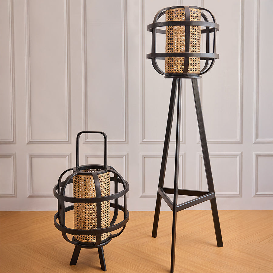 rattan cage lamp, black cage lantern, woven cane lantern, modern Boho lamp, handwoven rattan floor lamp, bohemian style lighting, modern rustic home lighting, decorative lamp with natural cane.