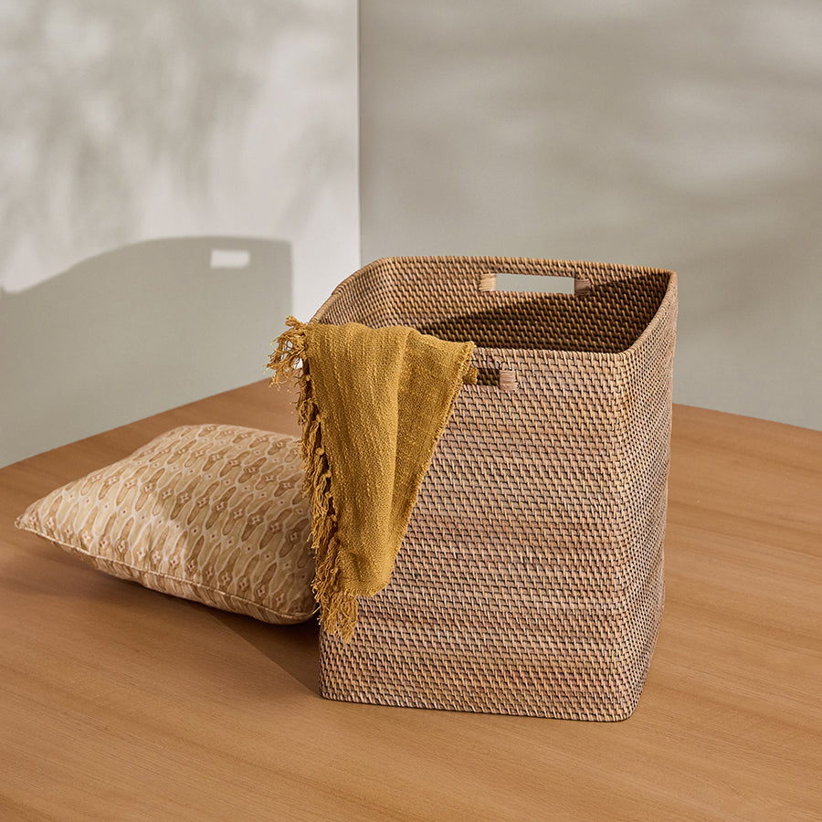 Woven storage basket, Handwoven rattan basket, Decorative storage bin, Square wicker basket, Natural fiber basket, Boho home organizer, Eco-friendly storage solution, Basket with handles, Handmade woven décor, Textured storage basket .