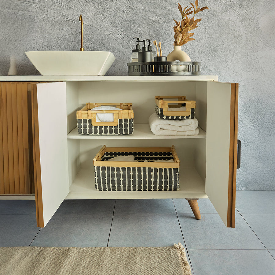 Woven storage baskets for bathroom, Rectangular organizer baskets with handles, Black and beige woven baskets,Bamboo frame storage baskets, Decorative bathroom cabinet bins, Eco-friendly woven organizer set, Bathroom vanity storage solutions, Under-sink woven baskets, Natural woven baskets for towels, Handwoven rattan-style baskets, Compact bathroom storage ideas, Modern farmhouse bathroom baskets, Stylish bathroom organizing bins ,Multipurpose wicker storage baskets, Durable storage baskets for shelves .