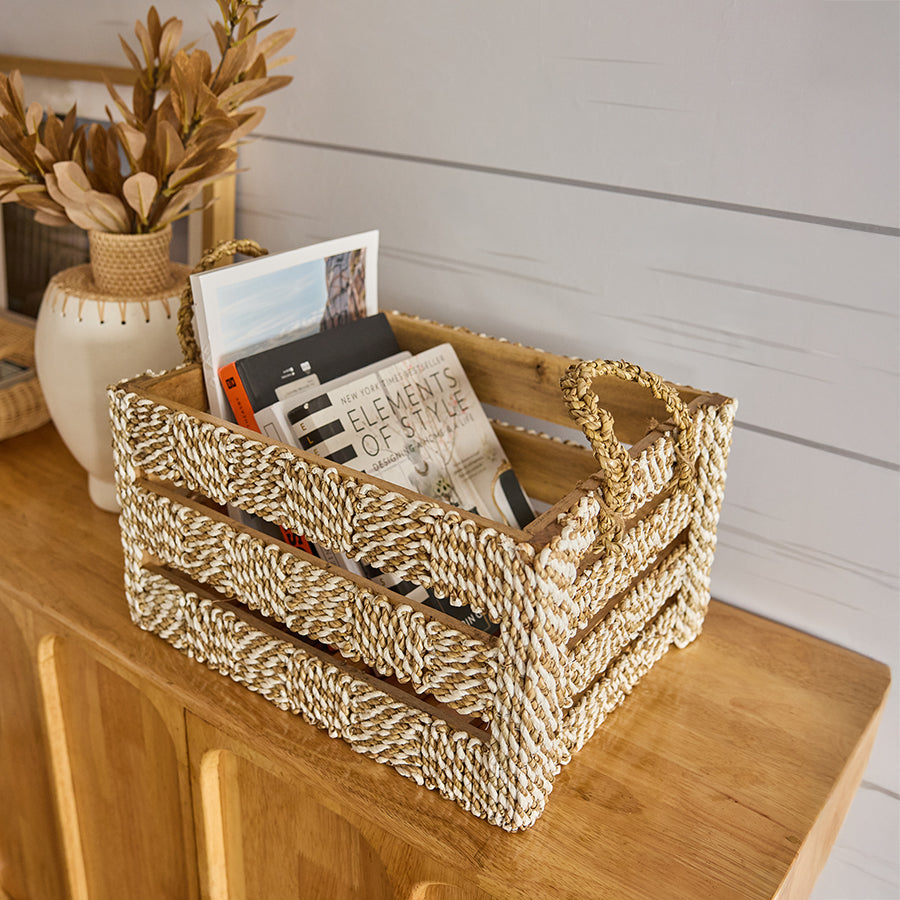 Woven storage basket, Decorative rope crate, Seaweed and rope basket, Natural fiber storage crate, Book and magazine storage basket,
Desk or shelf organizer, Entryway catchall crate, Coastal home décor basket. Bohemian shelf basket.