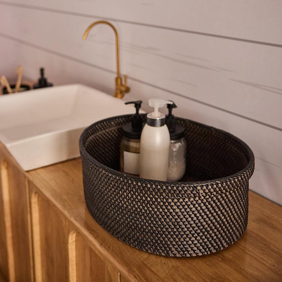 Woven bathroom basket, Vanity countertop organizer, Round wicker storage bin, Handwoven sink caddy, Rattan bathroom storage , basket Decorative woven basket for bathroom counter, Rustic wicker bin for toiletries, Bathroom organizer basket for soap and lotion Modern farmhouse bathroom accessories, 
Boho bathroom organization ideas .