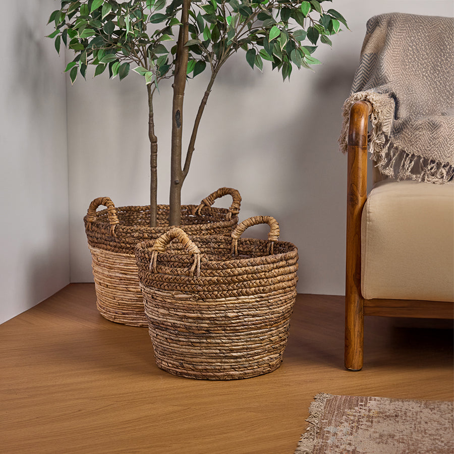 Banana leaf storage baskets, Woven natural baskets with handles,
Handcrafted banana fiber baskets,
Eco-friendly round storage baskets,
Rustic woven home décor, Natural baskets for indoor plants, Large woven basket for blankets, Sustainable storage baskets,
Decorative round woven bins,
Braided baskets for living room .