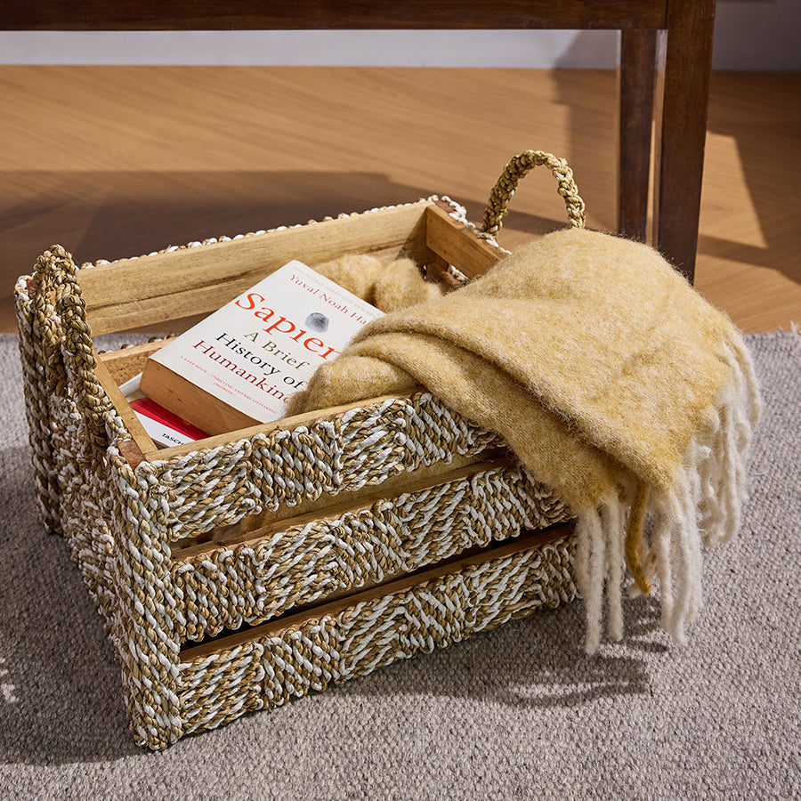 Woven rope storage basket, Natural crate with handles, Decorative book and blanket basket, Eco-friendly rope and wood basket, Natural fiber woven crate, Living room blanket basket, Cozy reading nook organizer, Warm rustic home accents, Modern farmhouse décor.