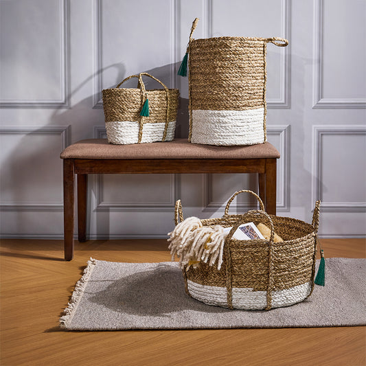 Seagrass basket set with tassels, Handwoven storage baskets, Natural white dipped baskets, Set of 3 natural woven baskets for home décor, White and natural two-tone handwoven baskets .
Rustic boho basket set for storage and organization