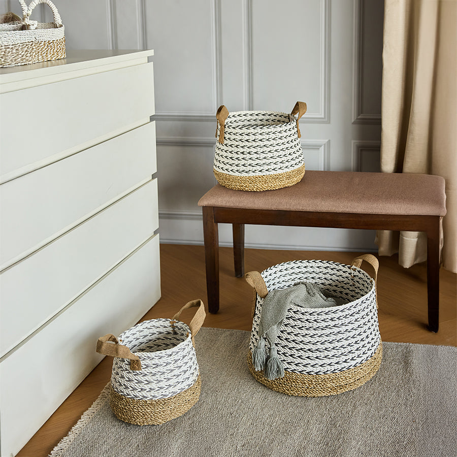 Woven rope storage baskets, Seagrass and cotton baskets, Decorative baskets with handles, Natural woven home storage, Handcrafted rope baskets for bedroom organization, White and tan woven storage baskets for home, Minimalist room storage solutions,
Scandinavian home décor accessories. Sustainable storage options.