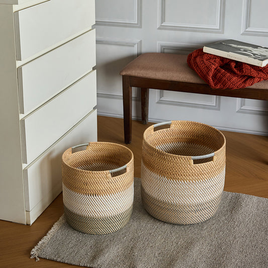 Striped woven storage baskets, Round wicker baskets for home, Decorative woven bin set, Handwoven utility baskets, Natural fiber-style baskets, Indoor decorative basket set, Plastic woven baskets with handles, Neutral tone storage baskets, Rustic modern home organizers, Round baskets for living room or bedroom.