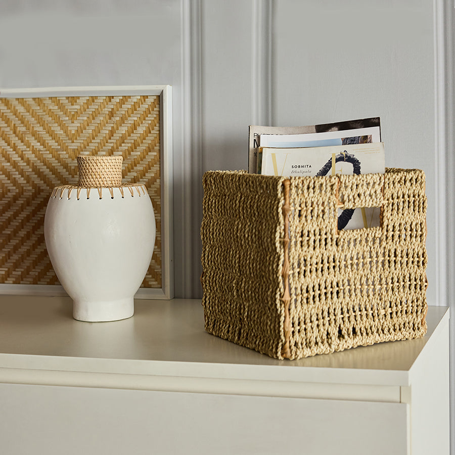 handwoven rectangular storage basket, natural seagrass magazine holder, eco-friendly woven organizer box, wicker file storage basket, woven desktop storage bin, handwoven basket with cutout handles, rustic woven document holder, seagrass shelf organizer, Boho office storage basket, natural fiber cube basket, magazine storage basket, tabletop document organizer, 
woven bin for shelves or desks, minimalist living room décor basket, 
entryway or office storage solution.