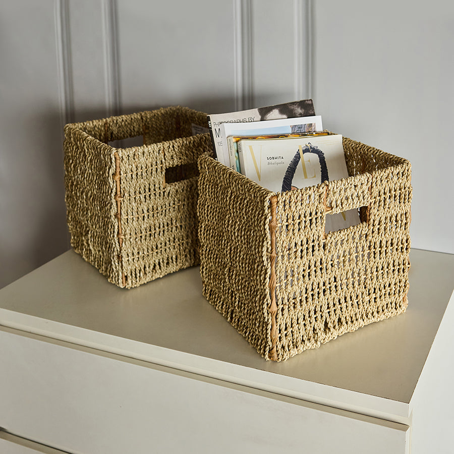 handwoven seagrass storage baskets, natural woven magazine holders, rectangular wicker organizer boxes ,eco-friendly desktop storage baskets, cube-shaped woven storage bins, Boho style handwoven baskets with cutout handles, rustic home or office storage set, woven cube baskets for shelf or cabinet, sustainable seagrass organizer boxes, handmade rattan look file holders, office magazine storage baskets, document organizer boxes for desk, decorative shelf baskets for storage.