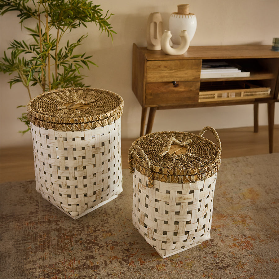 bamboo and seagrass storage baskets, lidded storage baskets,
Boho chic storage solutions,
laundry baskets for modern homes,
coastal style woven hampers,
handcrafted laundry bins,
stylish storage baskets with lids.