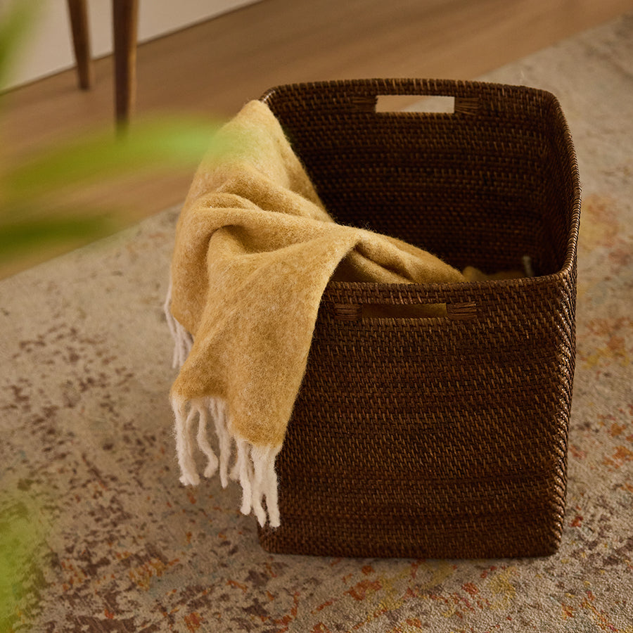 Dark brown woven basket, Handwoven storage bin, Square wicker basket, Decorative home storage basket, Blanket storage basket, Natural woven basket for blankets, Rustic living room storage bin, Multi-purpose handwoven basket with handles, Wicker basket for cozy home décor, Stylish indoor storage solution .