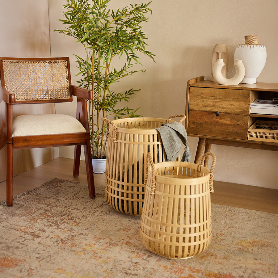Set of bamboo storage baskets,
Tall and small woven bamboo baskets, Decorative natural basket set, Faux bamboo plant décor, Indoor tall green plant, ustic wooden console table, Solid wood sideboard cabinet.