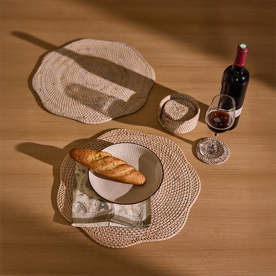Wavy edge rattan placemat, Handwoven table placemat, Natural fiber dining mat, Boho chic table décor, Rustic woven placemat set,
Organic wicker table mat, Round rattan coasters, Handcrafted drink coaster, Eco-friendly beverage coaster, Bohemian style coaster set,
Rustic woven cup mat, White striped ceramic bowl, Minimalist serving bowl, Handmade ceramic bowl, Modern ceramic bread bowl, Deep plate for appetizers.
