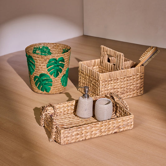 Natural woven baskets, Handwoven storage organizers, Rustic home accessories, Eco-friendly woven décor, Boho bathroom accessories, Seagrass storage baskets, Handmade woven organizers, Tropical leaf basket, Decorative laundry basket, Monstera leaf woven bin, Woven utensil holder basket, Natural tray with handles, Woven tray for bathroom, Soap dispenser and tumbler set .
