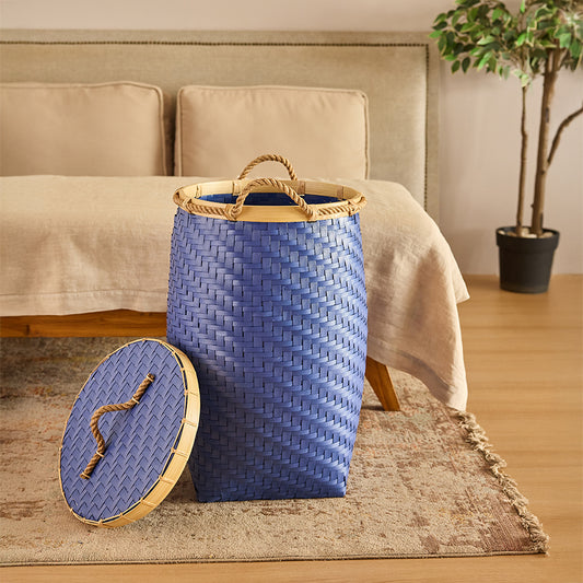 Blue woven laundry basket, Lidded wicker hamper, Rattan storage basket with lid, Decorative laundry bin, Handcrafted woven hamper, Rope handle laundry basket, Bedroom storage basket, Stylish wicker laundry bin, Blue rattan hamper with cover, Boho home organization basket.