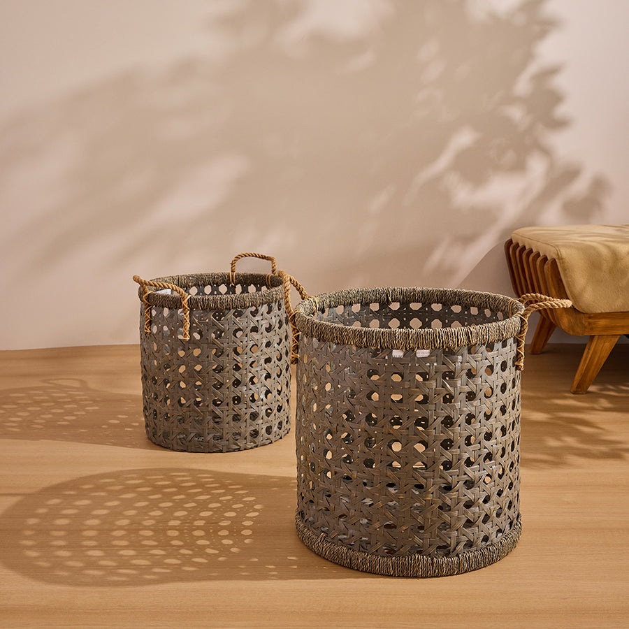 Decorative woven basket set, Cane style storage baskets, Natural fiber baskets with rope handles, Quilt Avenue home décor baskets, Eco-friendly decorative baskets for modern interiors, Handcrafted open weave baskets for living room storage.