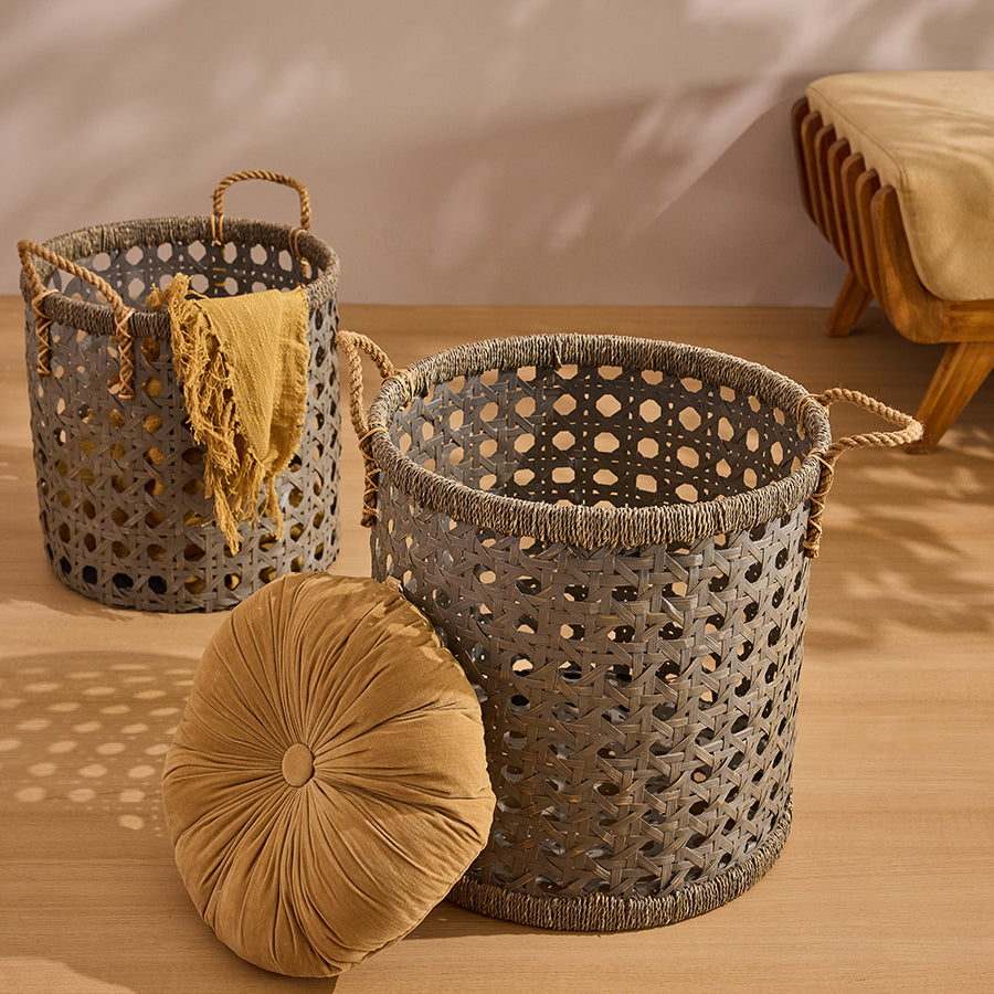 Woven decorative basket, Lattice design storage basket, Open weave storage bin, Handwoven storage basket with rope handles, Bohemian style open-weave basket for living room, Natural decorative basket for throws and pillows, Minimalist home décor accents, Sustainable and stylish storage solutions.