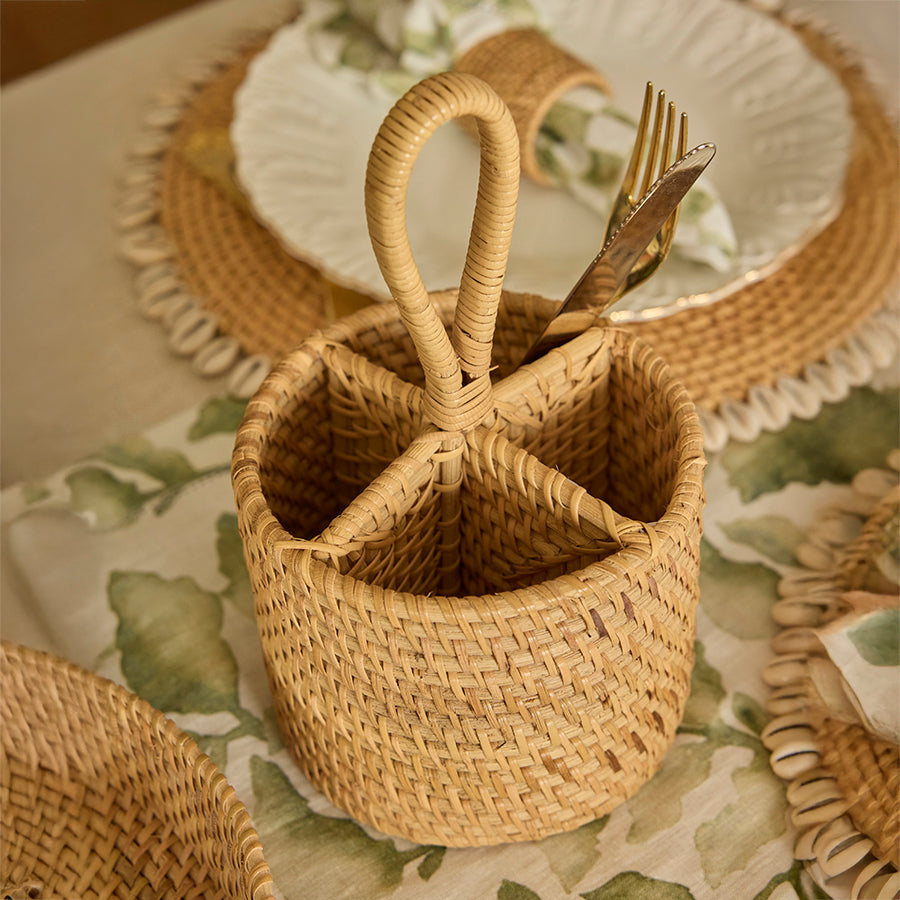 Round rattan cutlery holder, Woven utensil organizer, Boho style table caddy, Handcrafted flatware holder, Bamboo-style cutlery basket, Rectangular wicker tray, Rattan serving tray, Handwoven tray for centerpiece, Rustic woven organizer tray, Decorative table tray natural fiber.