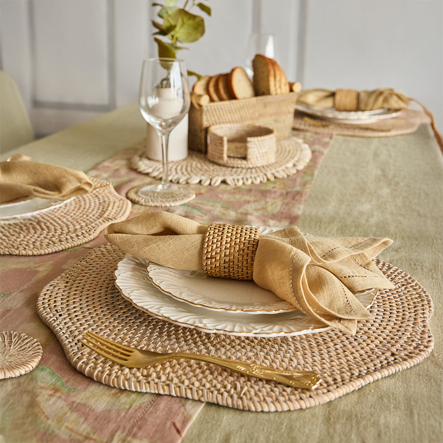 wavy rattan placemat, woven charger plate, handcrafted natural placemat, organic rattan table mat, Boho style placemat, shell-trim placemat, cowrie shell woven placemat, coastal style table mat, beach-inspired placemat, handmade shell placemat, rattan napkin holder, woven napkin ring, natural fiber napkin ring, Boho table napkin ring, eco-friendly napkin accessory .