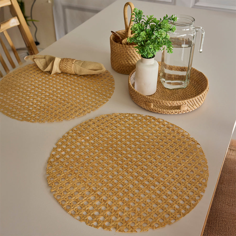 Round cane placemat, Open weave placemat, Rattan webbing table mat, Handwoven cane charger, Natural cane placemat, Boho cane table setting, Vintage lattice placemat, Rattan napkin ring, Woven napkin holder, Eco-friendly napkin ring.