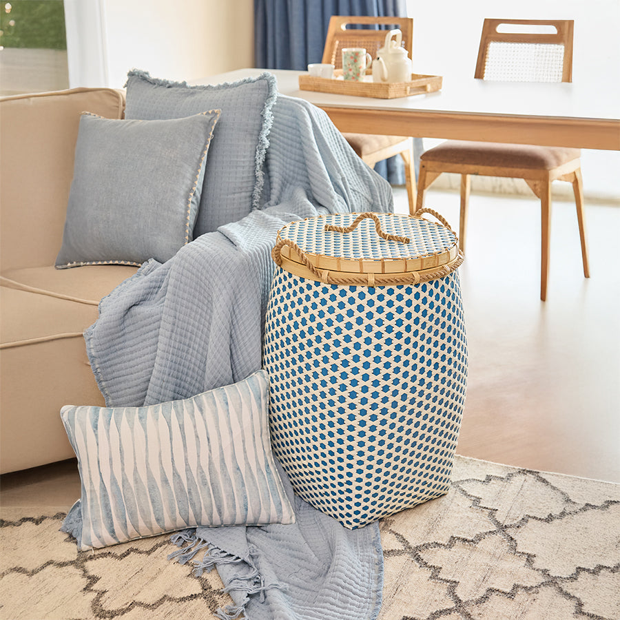 Blue woven storage basket, Decorative laundry basket with lid, Handmade rope handle basket, Boho living room storage basket, Eco-friendly woven hamper, Stylish woven basket for home décor, Blue and white handcrafted hamper, Tall basket for blankets and pillows, Natural fiber basket with lid, Decorative indoor storage solution.