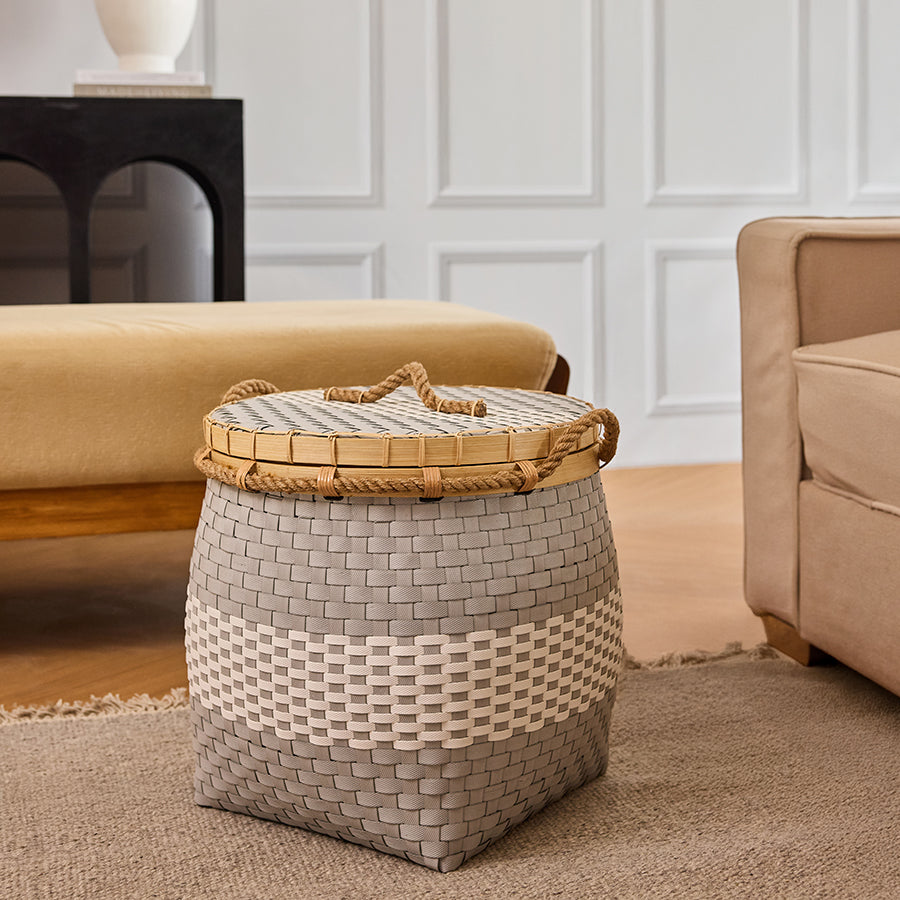 Woven storage basket with lid, Decorative laundry basket, Rope handle storage bin, Handwoven home organizer, Eco-friendly storage basket, Plastic rattan basket with lid,
Neutral tone laundry hamper, Modern woven basket décor, Living room storage basket, Stylish home organization bin, Rustic woven container, Lid-top storage basket, Foldable laundry basket alternative, Multi-purpose home basket, Contemporary woven hamper .