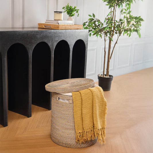 Woven storage basket, Rattan basket with lid, Round wicker hamper, Decorative storage bin, Round lidded wicker storage basket with fabric liner, Woven rattan basket for living room or bedroom, Decorative storage basket with removable lid.