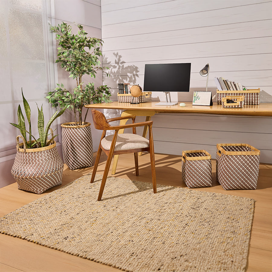 Woven plastic storage baskets, Handwoven decorative baskets, Brown and beige rattan-style baskets, Eco-friendly organizer bins, Indoor plant baskets, Multipurpose storage containers, Baskets with bamboo trim, Modern Boho storage baskets, Stylish utility baskets, Woven planters and organizers,
Woven planter basket, Decorative indoor plant baskets, Rattan-look plant pots, Plastic weave planter .