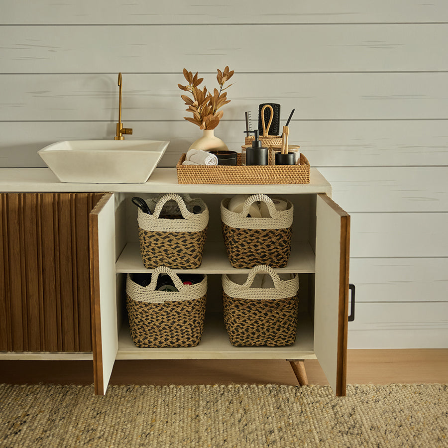 Woven bathroom storage baskets, Seagrass and rope baskets, Small natural storage bins, Handwoven baskets with handles, Cabinet organizer baskets, Rustic bathroom organization, Boho basket set for cabinets, Decorative baskets for shelves, Eco-friendly woven baskets,
Natural fiber baskets for home .