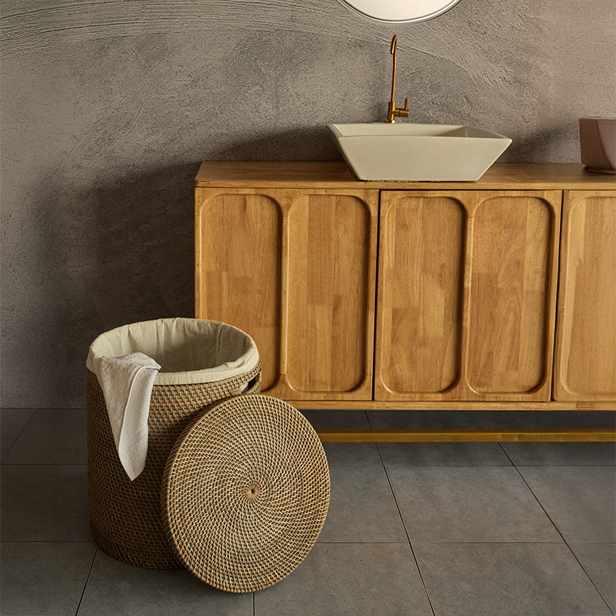 Woven laundry hamper with lid, Rattan laundry basket with liner, Round wicker laundry bin, Handwoven laundry storage basket, Natural fiber clothes hamper, Eco-friendly rattan hamper, Bathroom wicker laundry bin, Hamper with removable fabric lining, Decorative woven laundry basket, Lidded basket for clothes storage.