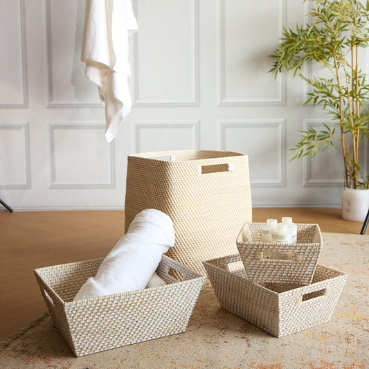 Woven storage basket set, Decorative wicker basket collection, Natural fiber storage baskets for home, Rattan look storage bins with handles, Multipurpose woven organizers, Eco-friendly woven baskets for bathroom, Stylish woven baskets for living room, Handmade storage baskets with handles, Wicker laundry and storage solutions, Minimalist home organization baskets, Sustainable home décor storage set , Nested woven storage baskets ,Open-top woven baskets for towels .