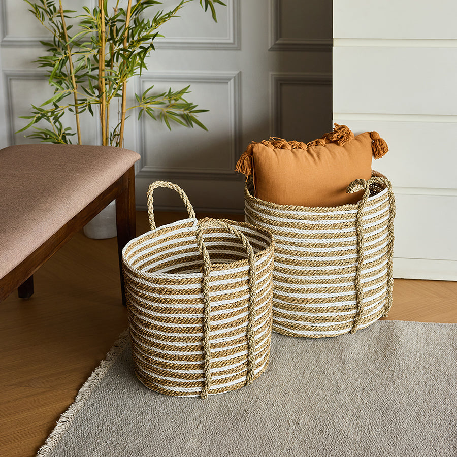 natural braided rope storage baskets,
two-tone woven baskets with handles, handwoven decorative baskets for home, cotton and jute rope storage bins, multi-purpose woven storage baskets, durable rustic home organization baskets,
rope baskets for blankets and pillows,
Boho rope basket set for living room.