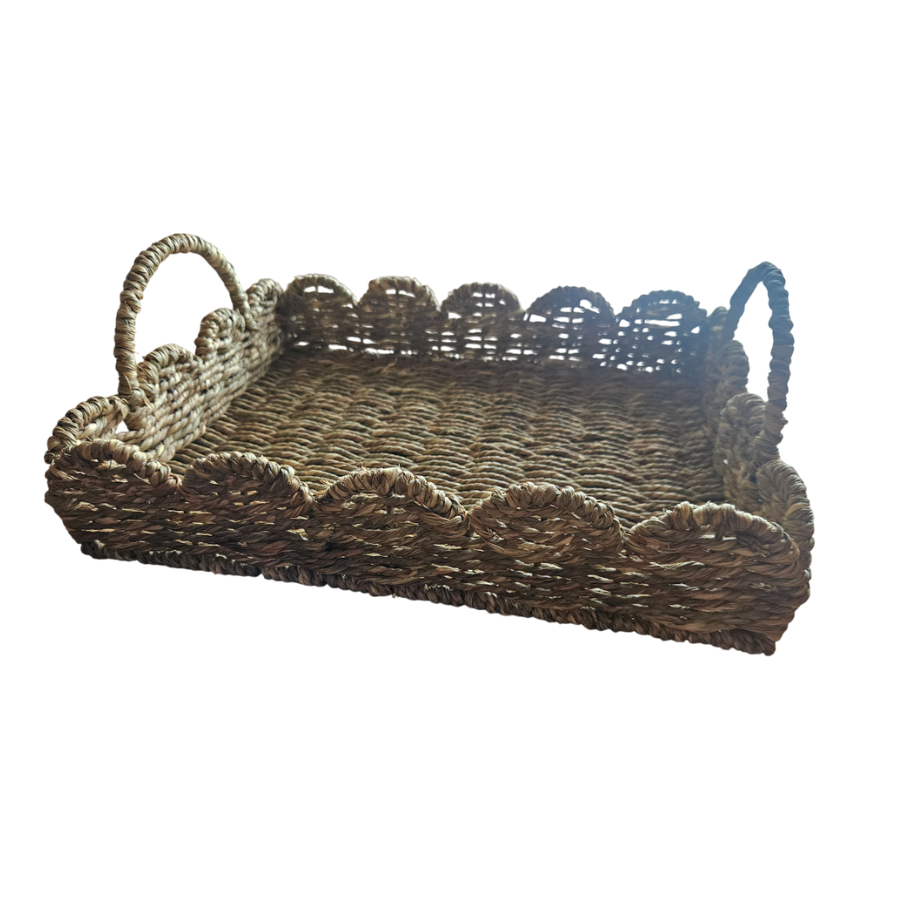 Square woven tray, Scalloped edge rattan tray, Handwoven serving tray,
Natural wicker tray with handles,
Seagrass decorative tray, Rustic square tray basket, Boho style woven tray, Water hyacinth storage tray, Handmade natural fiber tray, Eco-friendly wicker serving tray.