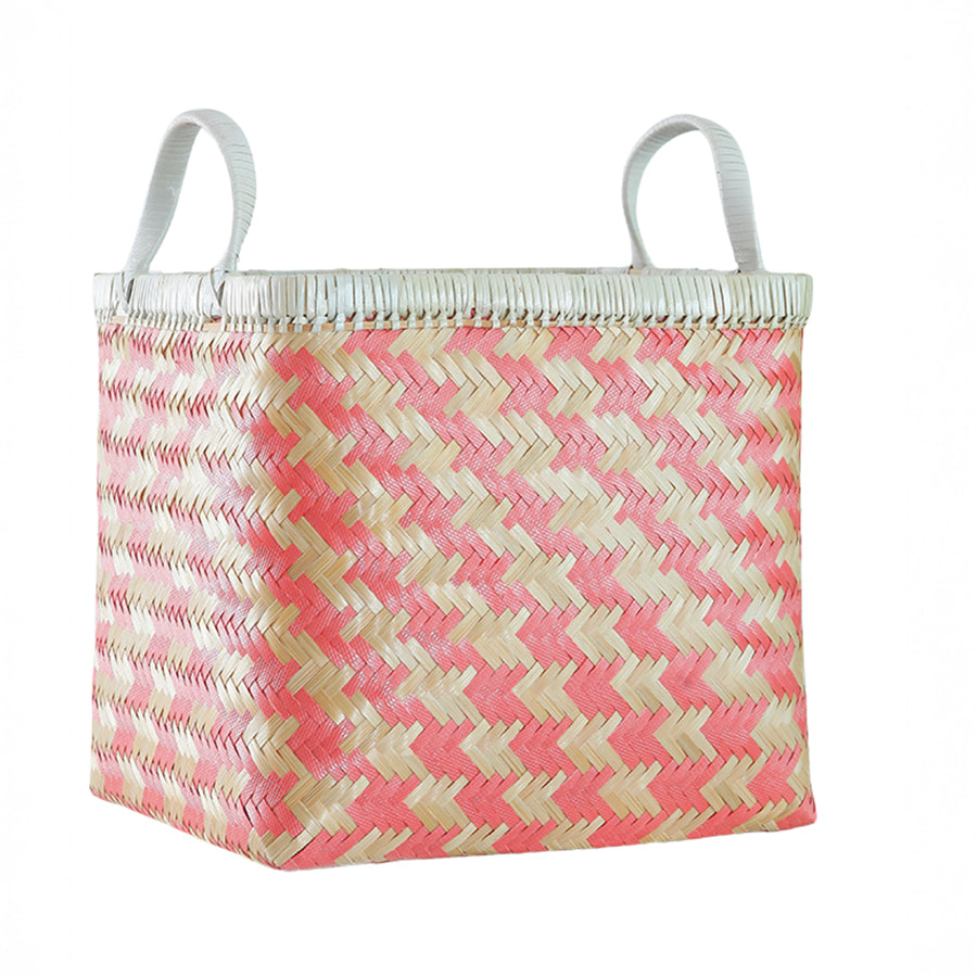 Woven storage basket, Handwoven basket, Pink and natural basket, Eco-friendly storage bin, Decorative storage basket, Handcrafted woven storage basket with handles. Natural fiber decorative bin, Pink and beige basket for home décor, Bamboo basket, Straw storage bin, Handmade home organizer, Boho style storage basket, Laundry basket with handles, Toy organizer basket, Shelf storage bin, Closet storage basket, Bathroom décor basket, Nursery storage solution .